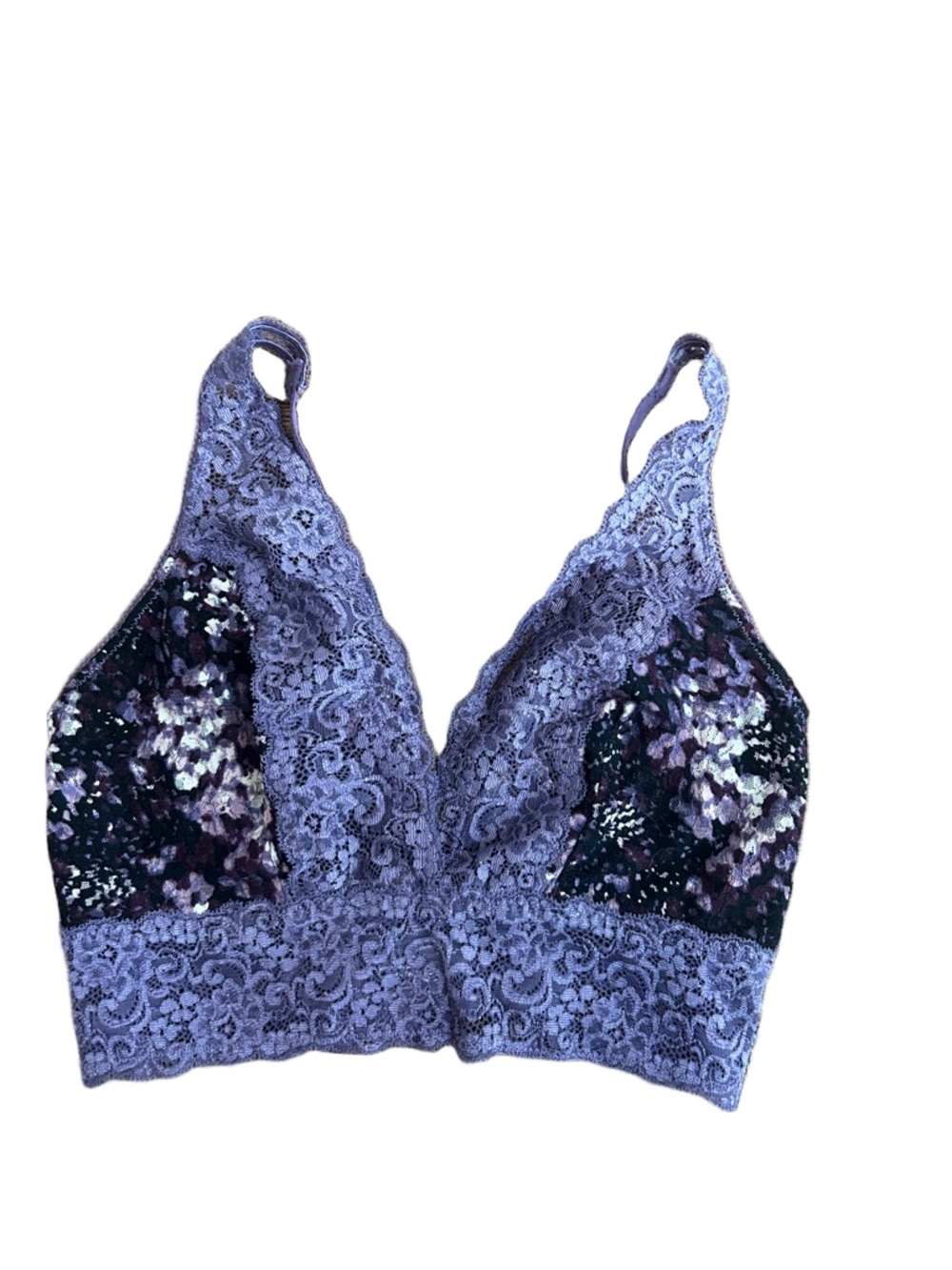 Soma: Lace Bralette in Lavender with Floral Velvet Panels. Size Medium